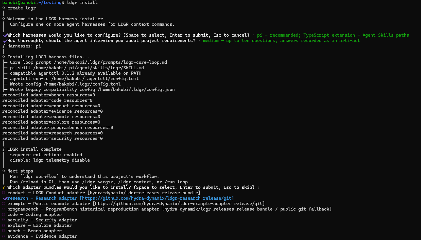 Terminal installer showing available adapter bundles after harness configuration.
